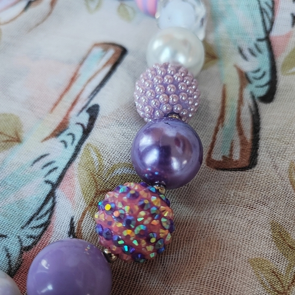 Acrylic Big Balls Purple Lavender Faux Pearls Rhinestone Striped Beads Necklace - Picture 12 of 12